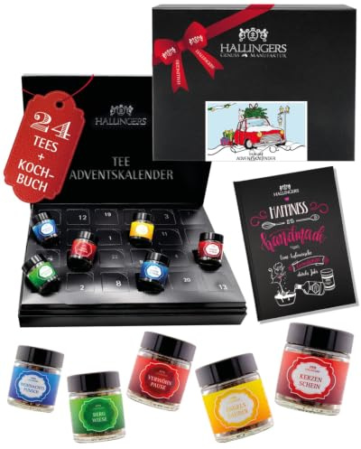Hallingers Genuss Manufaktur Tee Adventskalender-Set - 24 Sorten premium loser Tee Probierset in edler Box mit Rezept-Booklet Christmas Car &... Bundle mit Kochbuch, Weihnachtskalender für Frauen