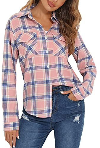 Enjoyoself Damen Karierte Bluse Langarm Karo Flanell Hemden Baumwolle Button-down Holzfäller Hemdbluse für Alltag und Oktoberfest