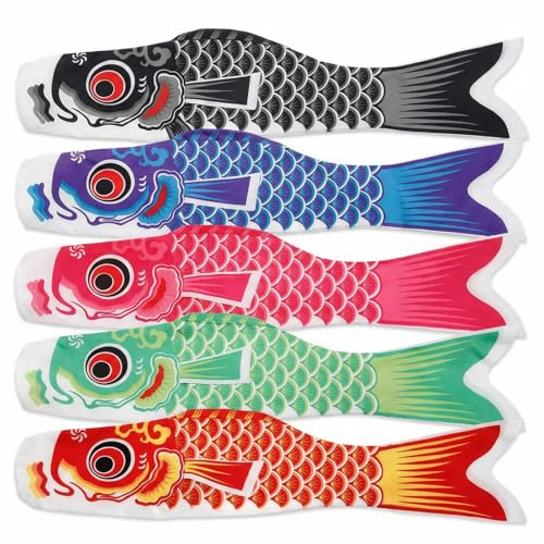 Fünffarbige Karpfenflagge,Fischflagge,japanischer Koinobori Karpfenwindsack,Koi Karpfen Windsack für Garten Terrasse Japanische Außendekoration für Balkon,Sushi Bar,Izakaya Japan Festival,5Farben,55cm
