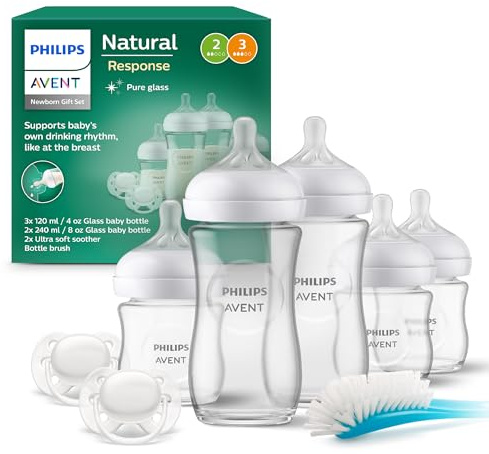 Philips AVENT Natural Response Glas-Geschenkset für Neugeborene – 3 x 120 ml und 2 x 240 ml Babyflaschen, 2 x ultra soft Schnuller 0–6 Monate, Flaschenbürste, BPA-frei (Modell SCD879/11)
