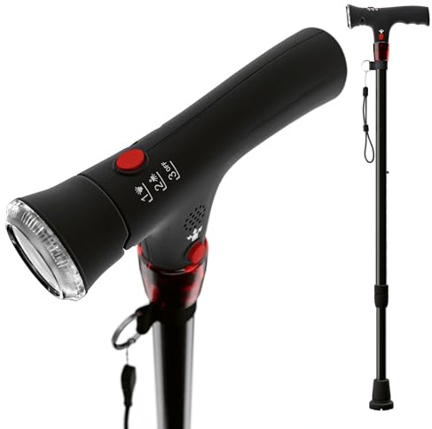 Weinberger höhenverstellbarer Gehstock für Damen & Herren | Panikalarm, LED Licht, Gummifuß & Handschlaufe | 312g leicht & verstellbar 74-95cm | Gehhilfe, Spazierstock, Stock für Senioren