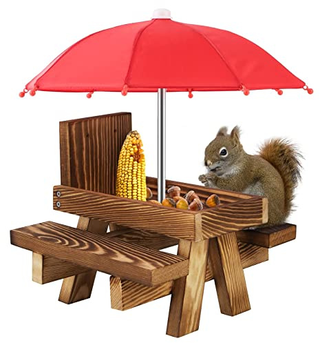 Eichhörnchen Futterhaus Wetterfest Picknicktisch Holz -Futtertisch Mit Regenschirm Futterstelle-Feeder Garten Maiskolbenhalter