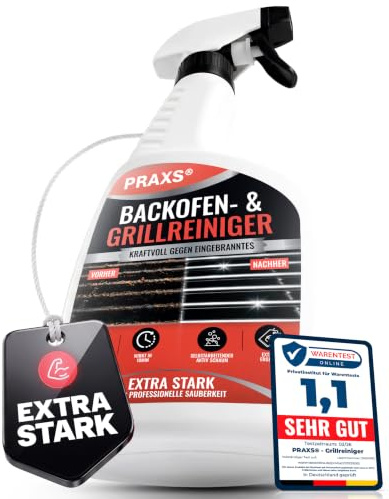 PRAXS® Backofenreiniger Extra Stark 500 ml, Aktivschaum in 10 min | Grillreiniger Konzentrat gegen eingebranntes Fett, Öl & Rauchharz, ohne Schrubben, Made in Germany