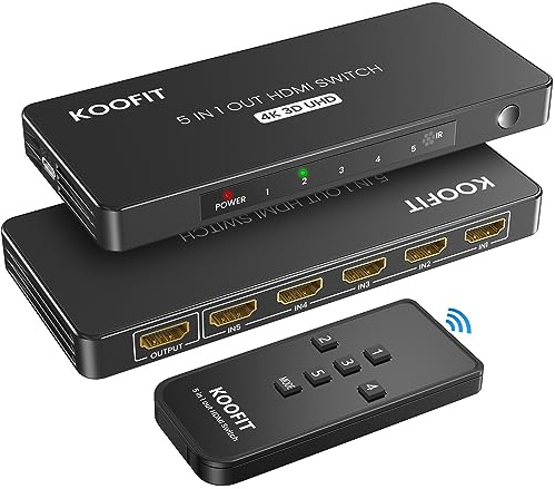 HDMI Switch Automatisch, 4K HDMI Splitter 5 in 1 Out Umschalter mit Fernbedienung, Verteiler 5 Port Selector Box Unterstützt 4K 3D HDR für TV Stick HDTV Xbox Series PS5