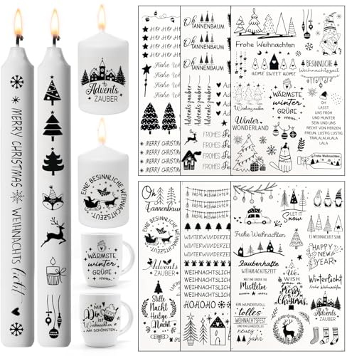 LERKNVOE Kerzentattoos Weihnachten,6 Pcs Kerzen Tattoo Wasserschiebefolie kerzen Aufkleber Weihnachten,Kerzen Tattoo Advent,kerzen folie weihnachten für Kerzen DIY Dekorieren