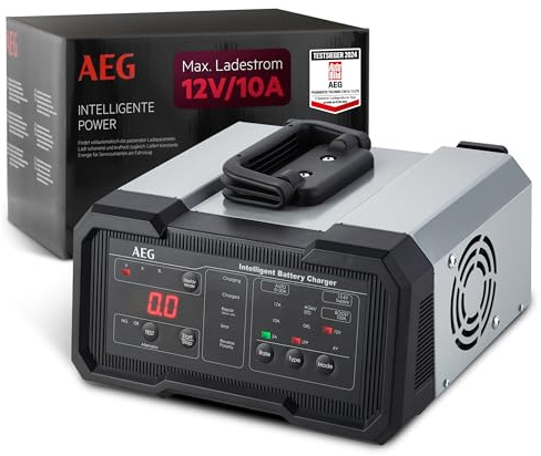 AEG Batterieladegerät CW10, für 6/12 V Batterien, 10A, automatische Ladefunktion, umfangreicher Sicherungsschutz, Erhaltungsfunktion, Ladestatusanzeige in Prozent, LED-Display