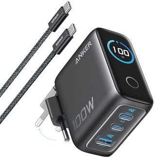 Anker 100W USB C Ladegerät, Laptop Ladegerät, kompaktes 3-Port GaN Wandladegerät, Smart Display, Touch-Steuerung, Für MacBook, iPad, iPhone 17/16/15 Serie (USB-C Kabel inklusive)