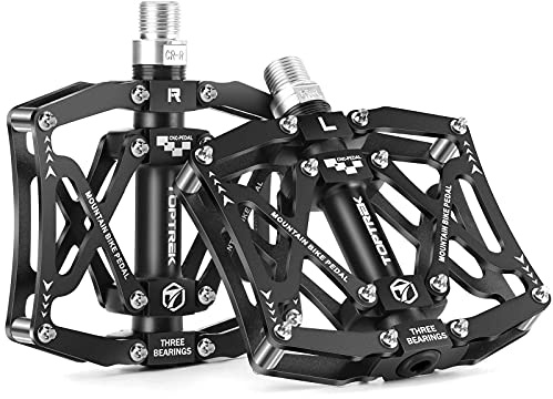 Toptrek Fahrradpedal 9/16 Zoll Achse CNC Aluminium MTB Pedale mit 3 Abgedichtete Lager Fahrrad Pedalen rutschfest Breites Plattformpedal für E-Bike, Mountainbike, Trekking, Rennrad Pedale (schwarz