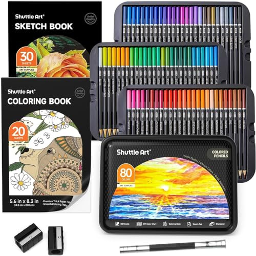 Shuttle Art Buntstifte Set, 80 professionelle Buntstifte für Erwachsene und Kinder, Farbstifte Set mit Malbuch, Skizzenbuch, Spitzer, Bleistiftverlängerer und Eisenbox, Buntstift Kinder, Holzstifte