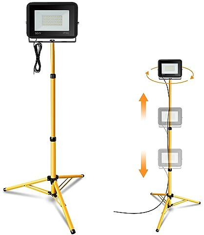 Jiubiaz Baustrahler LED mit Stativ, 30W Warmweiß Arbeitsstrahler 2550LM, HöHenverstellbar, Baustellenlampe Wasserdicht IP66 für Innen-und Außenbereich Garage, Baustelle (kein Stecker)