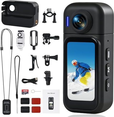 Hiwoor Action Cam Mit Touchscreen, 8-Stunden-Akku, Wasserdicht 30M, 120° Weitwinkel, WLAN + 64 GB Karte, Unterwasserkamera & 10+ Zubehör für Radfahren, Reisen, Haustiere und Sport
