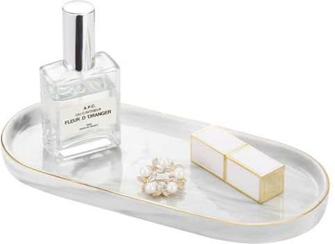 Luxspire Schmuck Tablett mit Goldrand, Ovales Kosmetiktablett Hitzebeständig Keramik Badezimmertablett Küchen Platte Schmuckaufbewahrung Organizer für Badezimmer Schlafzimmer, S Größe, Marmor Weiß