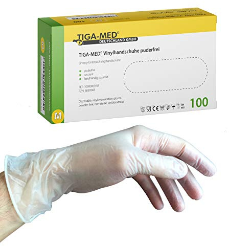 TIGA-MED Vinylhandschuhe Größe M, 1.000 Stück (10 × 100) – Puderfreie transparente Einmalhandschuhe ohne Naturkautschuklatex, lebensmittelgeeignet, EN 455