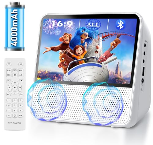 Tragbarer Bluetooth DVD-Player mit 4000 mAh Akku, Region Free DVD-Player Kinder mit integrierten Lautsprechern, Bluetooth/USB/RCA/Kopfhöreranschluss, Speicherwiedergabe, Schlaftimer