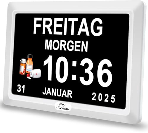 WallarGe Digitaler Demenz Uhr Großes Display für Senioren,Plug in(7 Zoll) | Datum Tag der Woche Kalender Uhr 20 Erinnerungen 3 Klingeltöne 10 Stufen Lautstärke, Auto DST(Weiß)