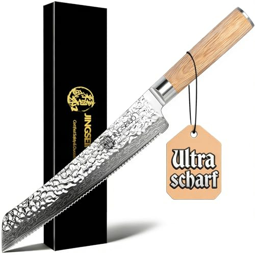 Jingseiho Japanisches Brotmesser Wellenschliff 20 cm, VG-10 Damaststahl-Klinge mit Extra Langer Schärfe, Perfekter Brotschneider für Knuspriges Sauerteigbrot