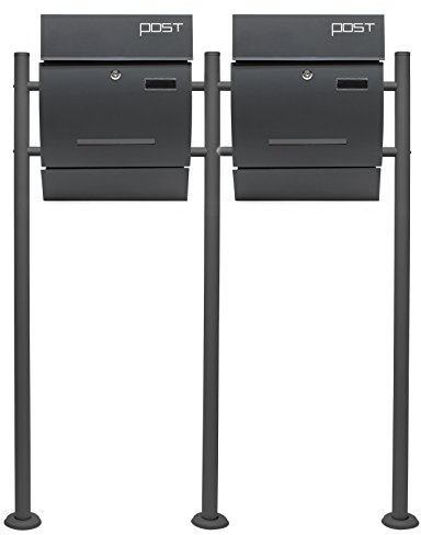 Wiltec 2er Set Designer Briefkasten V4 Anthrazit 1000 x 135 x 1200 mm, Wandbriefkasten mit Schloss, Sichtschlitz, Namensschild, Zeitungsrolle, Ständer, Postkasten pulverbeschichteter Stahl