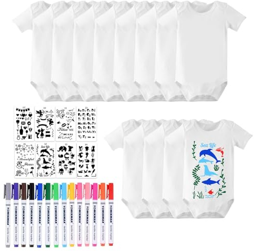 LOEPENLE 12er Set Bemalen Kurzarm Baby Body,Bemalen Babyparty, Baby mit 8 Kurzarmbody mit 8 Kurzarmbody+14 Bunte Textilstift+8 Schablonen für Babyparty Spiele Babyshower Strampler