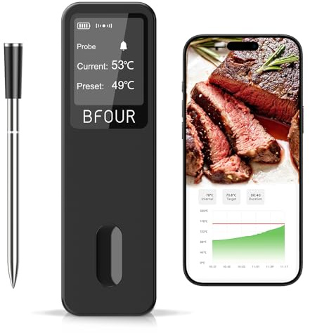 BFOUR Fleischthermometer kabellos,Smart Bluetooth Grillthermometer,Doppelalarm,App-Überwachung,IP67 wasserdicht,Backofenthermometer für BBQ, Grill, Backofen,Smoker, Rotisserie