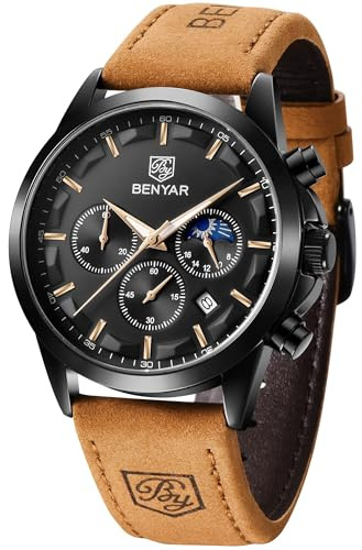 Benyar Herren-Armbanduhr, wasserdicht, Chronograph, beleuchtet, klassisch, Lederarmband, großes Zifferblatt, Datum, analog und Kratzfest, Elegantes Geschenk (Schwarz/Schwarz), Braun-B., Lässig