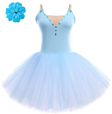 Ballettkleidung Damen Ärmellose Spaghettiträger Ballett Trikot Tanzbody Turnanzug Tütü Tüllrock Ballettkleid Tanzkleid Gymnastikanzug Ballettanzug Balettkleider Ballerina Kleider+Haarspange Blau S