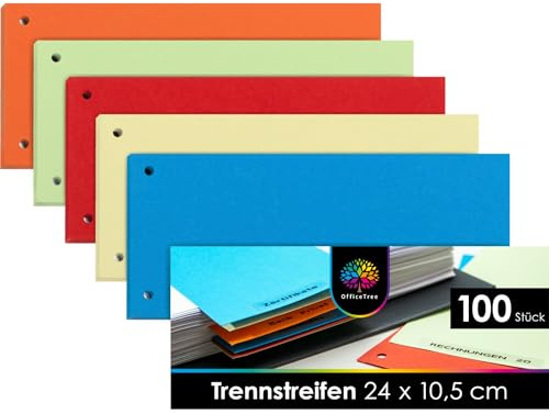 OfficeTree 100x Trennblätter für Ordner A4 Bunt - Trennstreifen 180 g/m² Gelocht - Perfekt für A4 und A5 Register DIN A4