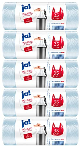 ja! 125 Müllbeutel/Mülltüten mit Tragegriff, 35 Liter, 25 Stück pro Rolle, reißfeste Bodennaht, transparent, 5 Rollen
