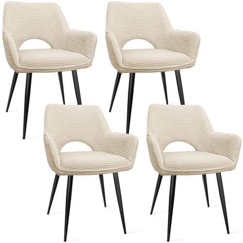 WAFTING Esszimmerstühle 4er Set, Armlehnstuhl mit Metallbeine, beige | Cord Stoff, Hohe Rückenlehne,Samt Stuhl,Küchenstühle,Wohnzimmerstuhl,Polsterstuhl,Restaurant,Schlafzimmer,Konferenzraum,Hotel