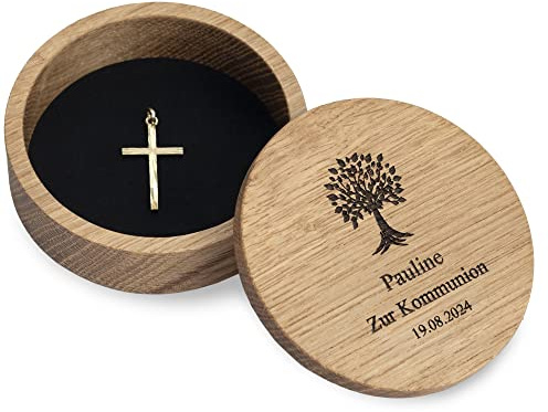 STREIFHOLZ Schmuckdose aus Holz mit individueller Gravur, personalisiertes Schmuckkästchen, runde Schmuckschatulle für Ohrringe, Kette, Ringe, Rosenkranz uvm.