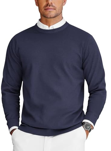 COOFANDY Herren Pullover Rundhals Strickpullover Langarm Rundhalspullover Basic Feinstrick Sweater Business Pullover Ribbed Sommer Pulli Navy Blau L