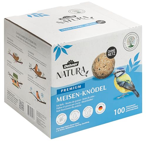 Dehner Natura Premium Meisenknödel ohne Netz, Karton, 100 x je 90 g (9 kg) | ganzjähriges Wildvogelfutter proteinreich / energiereich, Vogelfutter für Wildvögel