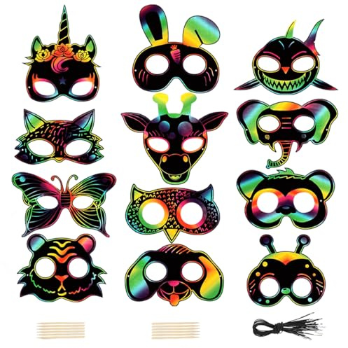 Wishstar 48 Kunstmasken zum Kratzen für Kinder, Tiermasken mit 48 elastischen Kordeln und 12 Holzstiften für Partys, Kindergeburtstage