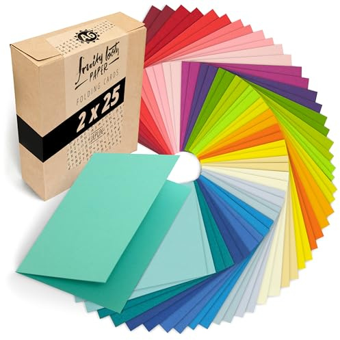 Japun - 50 farbige blanko Falt-Karten (2 x 25 Farben), Klapp-Karten zum gestalten, beschriften oder bedrucken - din A6-230 g/m² - bunt