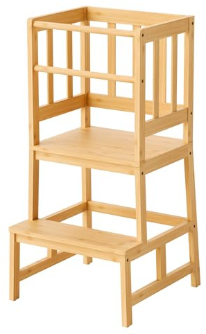 Wiltec Kinderstuhl Lernturm 46 x 46 x 90 cm aus Bambus, Lernstuhl für Kinder mit Geländer, Stehturm mit Schutzstab