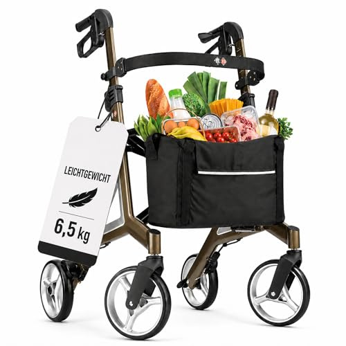 Bischoff & Bischoff ALEVO Alu Rollator Faltbar Leicht [58,5cm Sitzhöhe] | klappbar, mit Sitz & Tasche, Schmaler Rollator für Wohnung & Unterwegs, Reiserollator (platin)