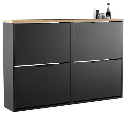 Planetmöbel 2 x Schuhschrank schmal mit 2 Klappen platzsparender Schuhregal mit 4 Ablagen, Schuhkommode für Diele, Flur, Garderobe 60 x 23 x 80,5 cm, schwarz