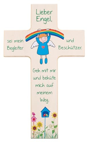 Fritz Cox Kinderkreuz aus Holz Regenbogen-Engel | Holzkreuz natur | tolles Geschenk zur Taufe und zum Geburtstag | Lieber Engel sei mein Begleiter | für Jungen & Mädchen | 20 cm
