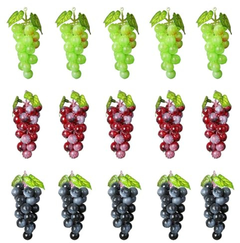 Molyorch 15 Stück Deko Kunststoff Weintrauben, Lebensechte Traube Deko, Künstliches Obst Gemüse Dekoration, für Weindekoration, Künstliche Fruchtstützen, Gartenbüro