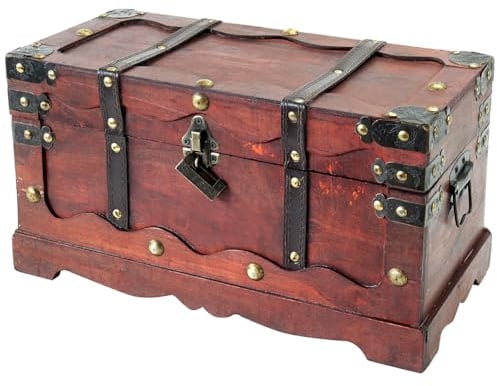 HMF Schatztruhe aus Holz, große Schatzkiste mit dekorativem Schloss für Kindergeburtstag | 40 x 19 x 22 cm | Frankreich