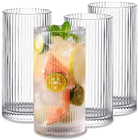 INSETLAN 370ml Geriffelte Longdrinkgläser 4er-Set mit Glasstrohhalm | Hochwertige Cocktailgläser & Trinkgläser | Ideal für Whisky, Bier, Säfte | Spülmaschinenfest