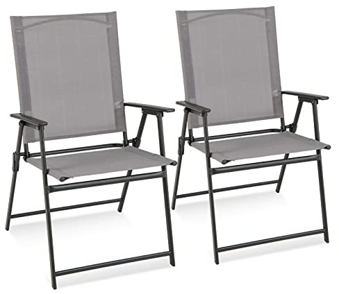 COSTWAY 2er Set Gartenstühle, Hochlehner Klappstühle mit wetterfestem Stoff, Balkonstühle mit Armlehnen, Terrassenstühle bis 150 kg belastbar, für Garten, Terrasse, Balkon, Grau