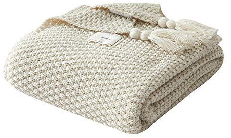 AUSTINCIAGA Decke aus Strick, Plaid, Sofa, Tagesdecke, Tischdecke, Tagesdecke, nordisch, warm, weich, mit Fransen, handgefertigt, für Strand, Picknick, alle Jahreszeiten (Beige, 100 x 150 cm)