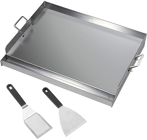 CAVATINY Edelstahl Grillplatte | 54x41x8 cm | Universal BBQ Plancha passend für Weber Gasgrill und Holzkohlegrill | Grillplatte mit Grill-Spachtel Schaber set