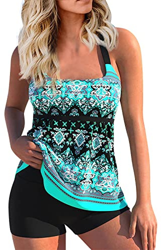 Tankini Damen Bauchweg Bademode Set Oversize Push up Sport Tankini Badeanzug Zweiteiler Tankini Set Sommer Badeanzüge für Damen Swimsuit Gepolsterte Bademode Beachwear