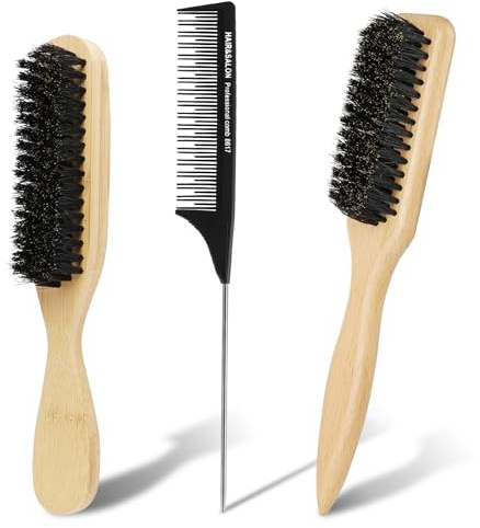 Alaoo Wildschweinborsten Bürste, 3 Stücke Haarbürste aus Holz & Rattenschwanzkämme für Damen und Herren, Entwirrungsbürste für Haar und Bart Styling, schwarz Scheitelkämme zum Flechten von Haaren