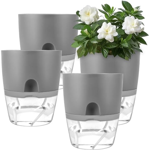 APACALI 4 Stück Blumentopf mit Bewässerungssystem, 15CM blumentopf selbstbewässernd, Kräutertopf Küche Set Fensterbank, Kräuterzucht Automatisch, Kräutergarten für Küche, Grau