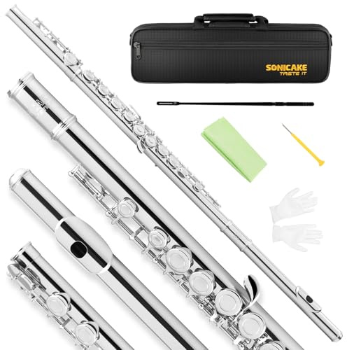 SONICAKE C Flöte geschlossene Grifflöcher 16 Klappen Flöte vernickelt | für Anfänger & Schüler mit Hartschalenkoffer, Handschuhen, Stimmstab QFL-01