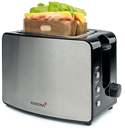 Korona 21250 Doppelschlitztoaster | Extra große Röstschlitze für American Sandwichtoasts | 4 wiederverwendbare Toasttaschen zum Toasten belegter Sandwiches | Brötchenaufsatz