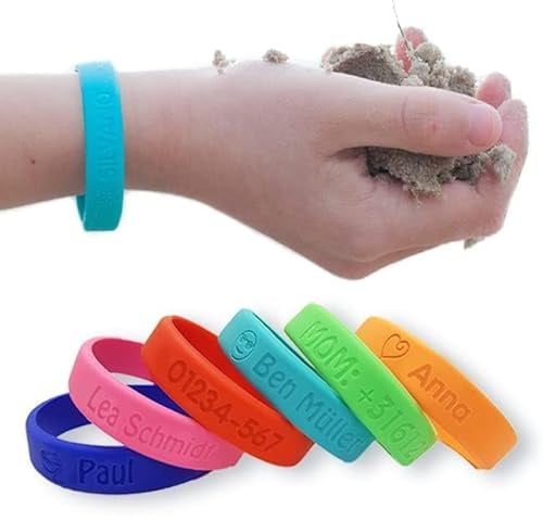 Gutmarkiert – Personalisierbares SOS-Armband für Kinder aus Silikon, graviert mit Name & Telefonnummer – wasserdichtes Notfallarmband für Kinder, besonders langlebig – Farbe wählbar
