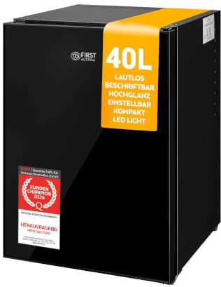 TZS First Austria - Mini Kühlschrank 40L lautlos - Glasfront | Kleiner Minikühlschrank, wechselbarer Türanschlag & Innenbeleuchtung - Minibar für Camping, Büro, Schlafzimmer & Hotel